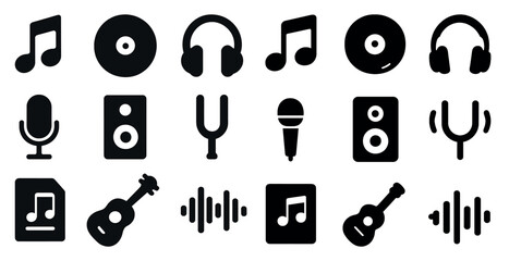 Music and audio solid icons set – flat, filled, sound and melody symbols