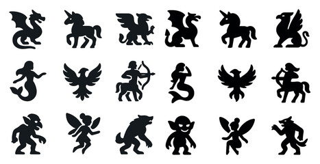 Mythical creatures silhouette icons set &ndash; fantasy, folklore and legend symbols
