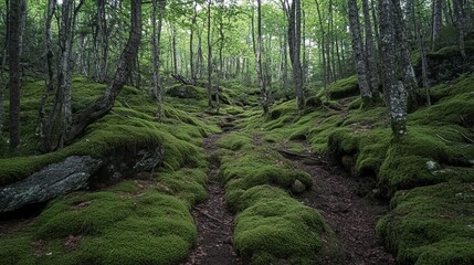 Obraz premium Lush mossy forest path winding upward