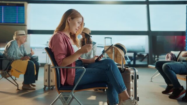 A woman at the airport, using a credit card and tablet while waiting for a flight. Other travelers are in the background.