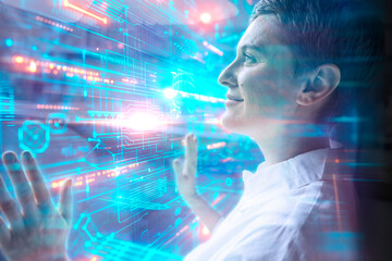 Engineer interacting with digital data stream on futuristic screen