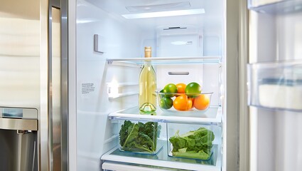 Well stocked refrigerator with healthy fresh produce fruits and vegetables and a bottle of white wine on display