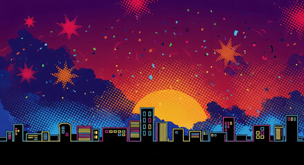 night city skyline, neon, comic, digital illustration, city highlights, pink red orange yellow