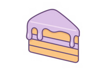 Cartoon-style illustration of a layered cake slice with purple icing dripping down the sides, isolated on a transparent background