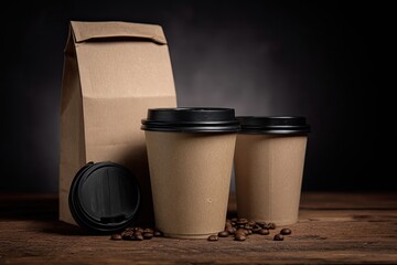Two takeaway coffee cups and a paper coffee bag on a wooden table