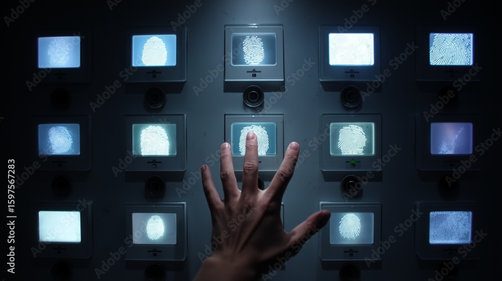 Poster biometric technology showcases fingerprints and iris scans in a secure access demonstration