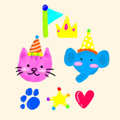 birthday party set cat elephant vector illustraton