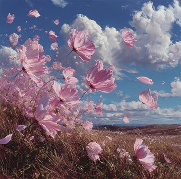 Dreamy Pastel Landscape of Pink Flowers Swaying in Wind, Floating Petals Against Blue Sky and White Clouds, Surreal Sunny Meadow Scene