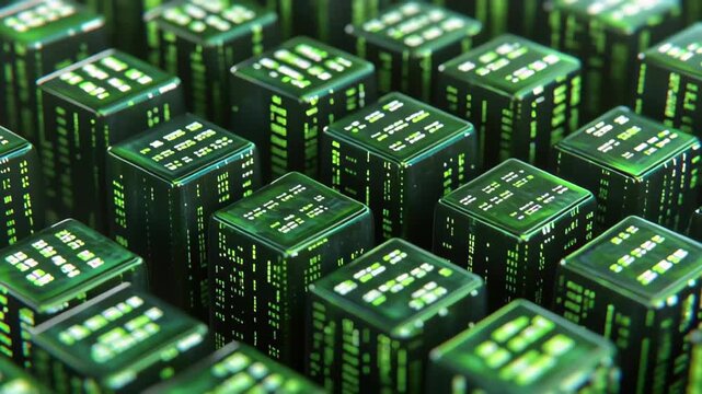 Cubes with binary code create a minimalistic and cartoony technology aesthetic in a vibrant green environment, Cubes with binary code Minimal cartoony technology metaphor 3D render