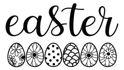 Easter text with decorative easter eggs featuring floral patterns and polka dots in black and white design