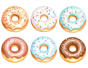 Watercolor illustration set of six colorful glazed donuts with rainbow sprinkles on transparent background