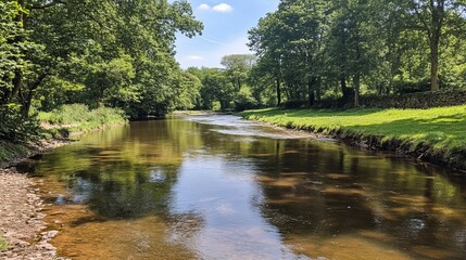 Fototapeta premium Serene river flowing through lush green trees under a partly cloudy sky
