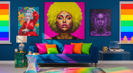 A bold maximalist interior exploding with joyful colours, where vibrant portraits of unconventional women become the soul of the space.   