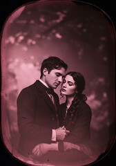 Romantic Victorian couple, close embrace, sepia-toned portrait,  vintage aesthetic.