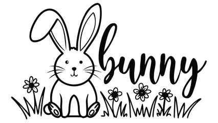 A bunny illustration with flowers and grass featuring the word bunny in cursive style text