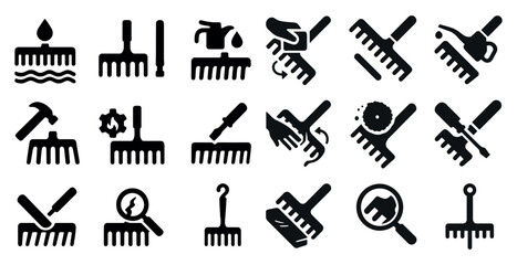 Fototapeta premium Gardening tools solid icons set – filled, garden, farm equipment symbols