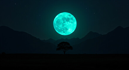A landscape at night, featuring a large, glowing turquoise moon.  Dark, silhouetted mountains and a lone tree are visible. The moon is positioned centrally, slightly 