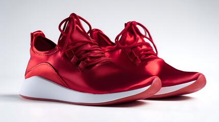 A pair of shiny red athletic shoes with white soles and red laces on a white surface