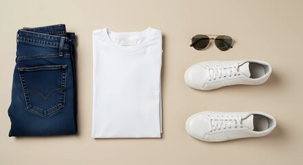 Flat Lay of Men's Modern Outfit Featuring White T-Shirt, Blue Denim, White Sneakers, and Black Sunglasses on Beige Surface