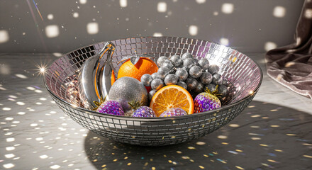 A shallow, chrome fruit bowl shaped like a vintage disco ball spins slowly on a marble countertop under soft party lighting 