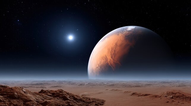A striking view of a red planet with rugged terrain beneath and a bright star shining in the dark, star-filled sky of outer space. - Powered by Adobe
