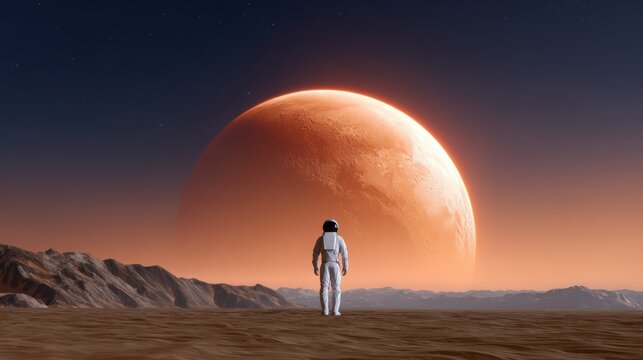 An astronaut stands on a barren, rocky landscape under a starry sky, gazing at a large, glowing orange planet rising on the horizon.