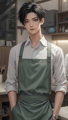 A handsome man wearing a waist apron standing in dynamic pose at a modern kitchen, with a cool expression and mesy hair, anime style, wallpaper