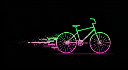A sleek bicycle with glowing neon green and pink wheels, leaving a trail of sparkling light streaks 