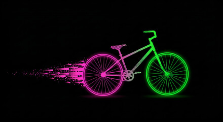 A sleek bicycle with glowing neon green and pink wheels, leaving a trail of sparkling light streaks 