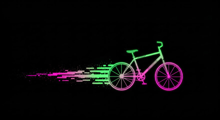 A sleek bicycle with glowing neon green and pink wheels, leaving a trail of sparkling light streaks 