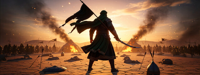 silhouette of Arabic solider in the desert, burning tents at the background