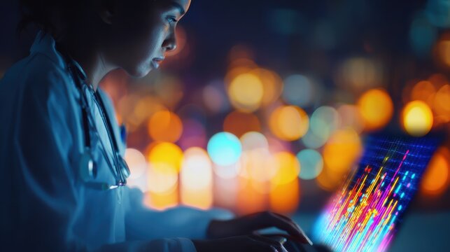 A focused doctor analyzes complex data on a digital screen amid vibrant city lights, symbolizing the fusion of healthcare and technology.