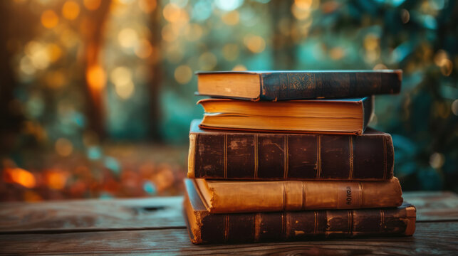 Vintage Books Stack: Aged books piled high, exuding literary history and charm on rustic wooden surface. - Powered by Adobe