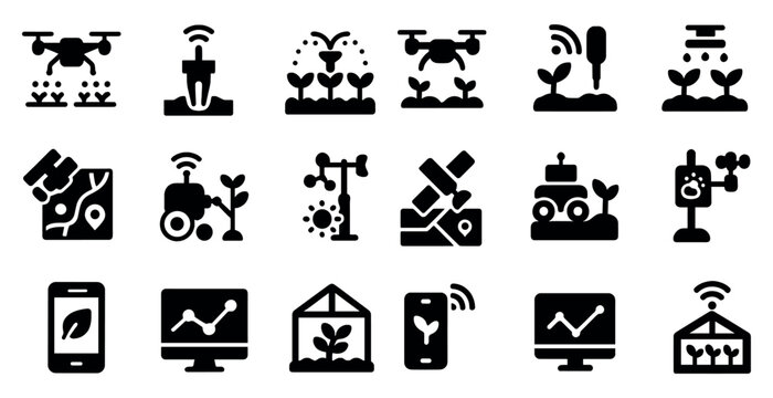 Smart farming solid icons set – agriculture, technology, precision farming symbols