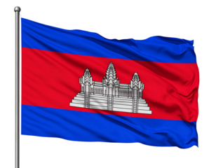 Waving Cambodian Flag with Angkor Wat Emblem, Side-Angled View, Isolated PNG.