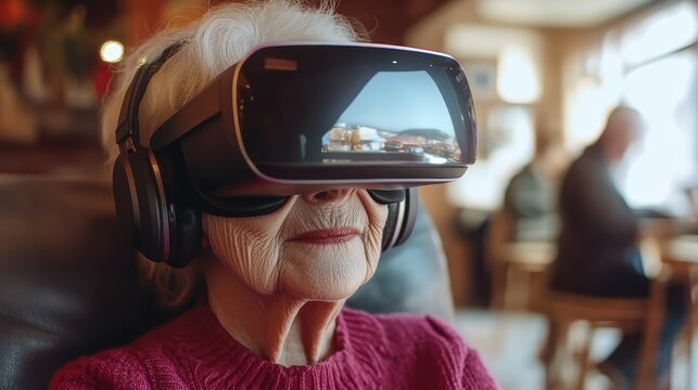 An elderly woman wearing a VR headset and headphones, immersed in virtual reality in a cozy indoor setting.