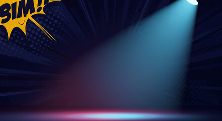 blue stage spotlight, comic style 2d digital art