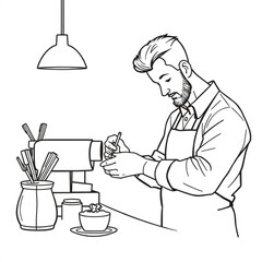 A barista sketching latte art before the morning rush