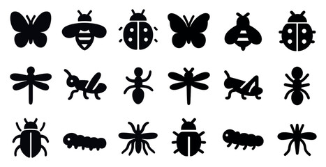 Naklejka premium Insect and bug solid icons set – filled, silhouette, nature and entomology symbols