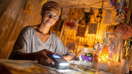 A woman in a headscarf uses a card reader at a warmly lit market stall filled with colorful craft items and decorations.