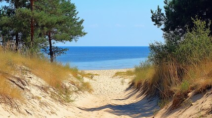 Sandy path leading to a beach through pine trees
