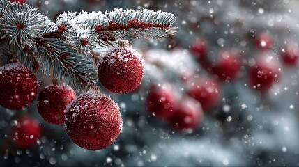 Sparkling red Christmas ornaments on snow-dusted pine branches with falling snowflakes