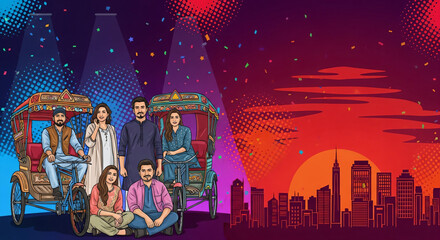 BOYS and GIRL South Asian style clothing, 2d comic style art work, city highlights, riding on a rickshaw 