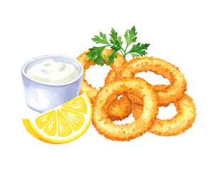 Golden crispy onion rings with dipping sauce and lemon garnish on transparent background