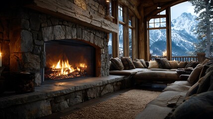Warm glowing embers in a mountain lodge fireplace evoke winter calm and rustic charm, with ample left space for seasonal quote overlays and cozy design compositions.