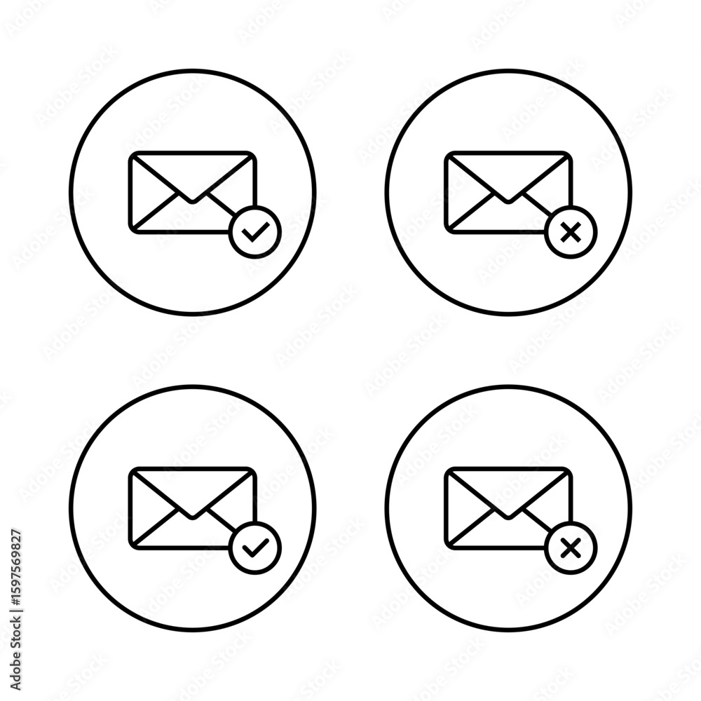 Poster approve and decline message icon. accept and reject email symbol in circular outline. envelope with 