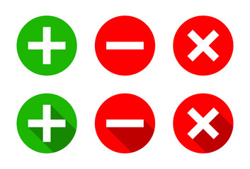 Add, remove, and delete icon. Positive, negative, and close symbol. Plus, minus, and cross sign with long shadow