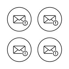Email alert icon set. Envelope message warning symbol with exclamation mark. Error mail notification sign in circular outline
