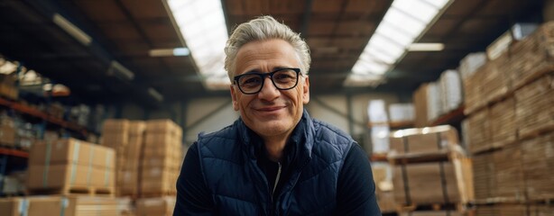 The confident man smiling in a modern warehouse full of boxes.