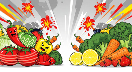 FOOD WAR, vegetables, versus background, game art, 2d illustration style vegetables characters, colourful composition 